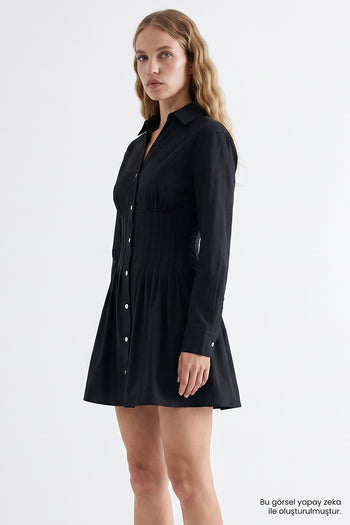Bele Oturan Metal Düğmeli Slim Fit Mini Siyah Elbise
