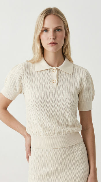 Polo Yaka Ajurlu Kısa Kollu Regular Triko Bej Bluz