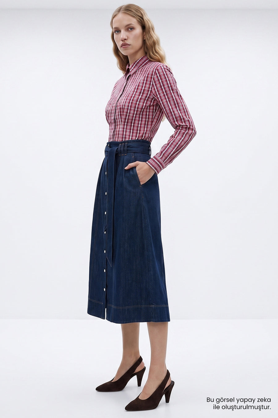 Yüksek Bel Kuşaklı Regular Denim Mavi Midi Etek