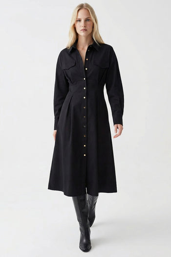 Gömlek Yaka Uzun Kollu Cepli Regular Düğmeli Siyah Midi Elbise