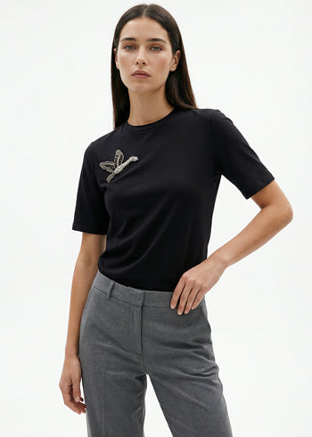 Bisiklet Yaka Kuş İşlemeli Kısa Kollu Örme T-Shirt