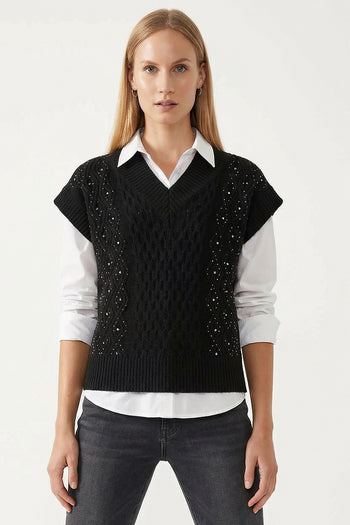 V Yaka Taş İşlemeli Kolsuz Oversize Triko Süveter