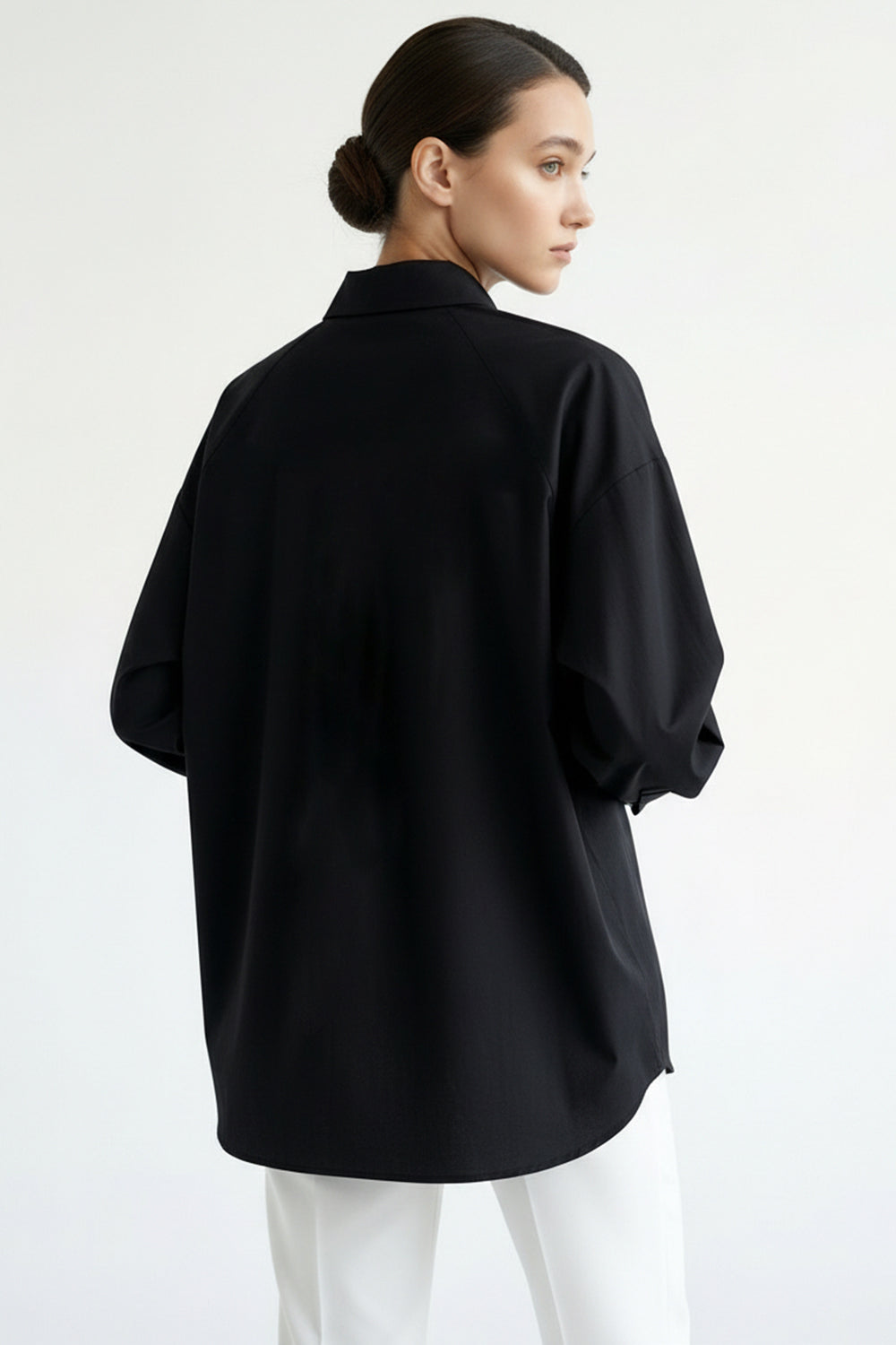 Çiçek Taş İşlemeli Uzun Kollu Regular Siyah Gömlek