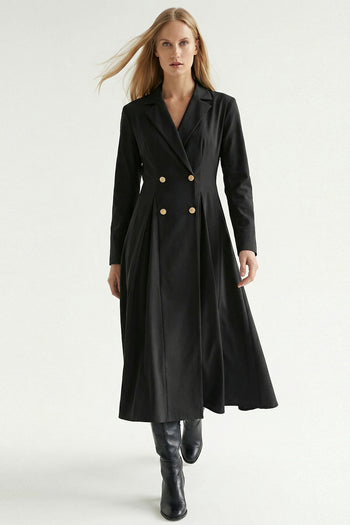 Gold Düğme Detaylı Kruvaze Dokuma Midi Blazer Elbise