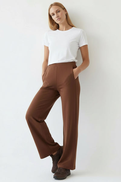 Beli Bağcıklı Regular Taba Örme Pantolon
