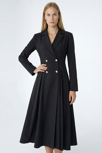 Gold Düğme Detaylı Kruvaze Dokuma Midi Blazer Elbise