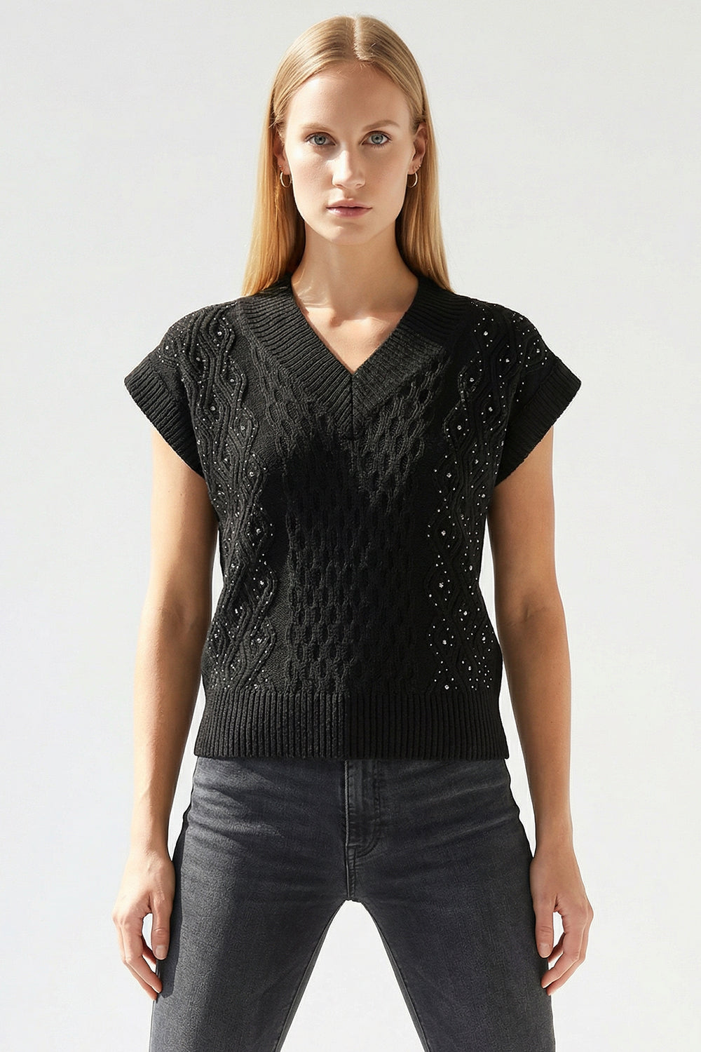 V Yaka Taş İşlemeli Kolsuz Oversize Triko Süveter