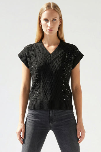 V Yaka Taş İşlemeli Kolsuz Oversize Triko Süveter