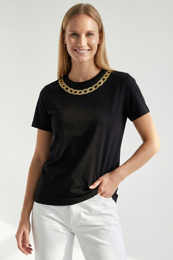 Gold İşleme Siyah Bisiklet Yaka Regular Pamuklu Örme Tişört