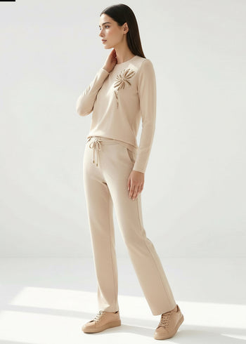 Bağcıklı Regular Örme Krem Pantolon