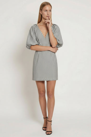 V Yaka Balon Kol Çizgili Pamuklu Mini Elbise
