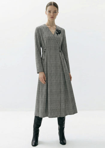 Ekose Beli Kemer Detaylı Anvelop Slim Fit Midi Elbise