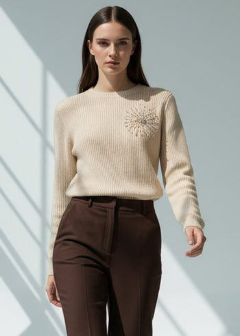 Taş Detaylı Uzun Kollu Kemik Triko Kazak