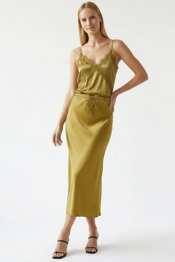 Saten Yüzeyli Bağcıklı Regular Dokuma Midi Etek