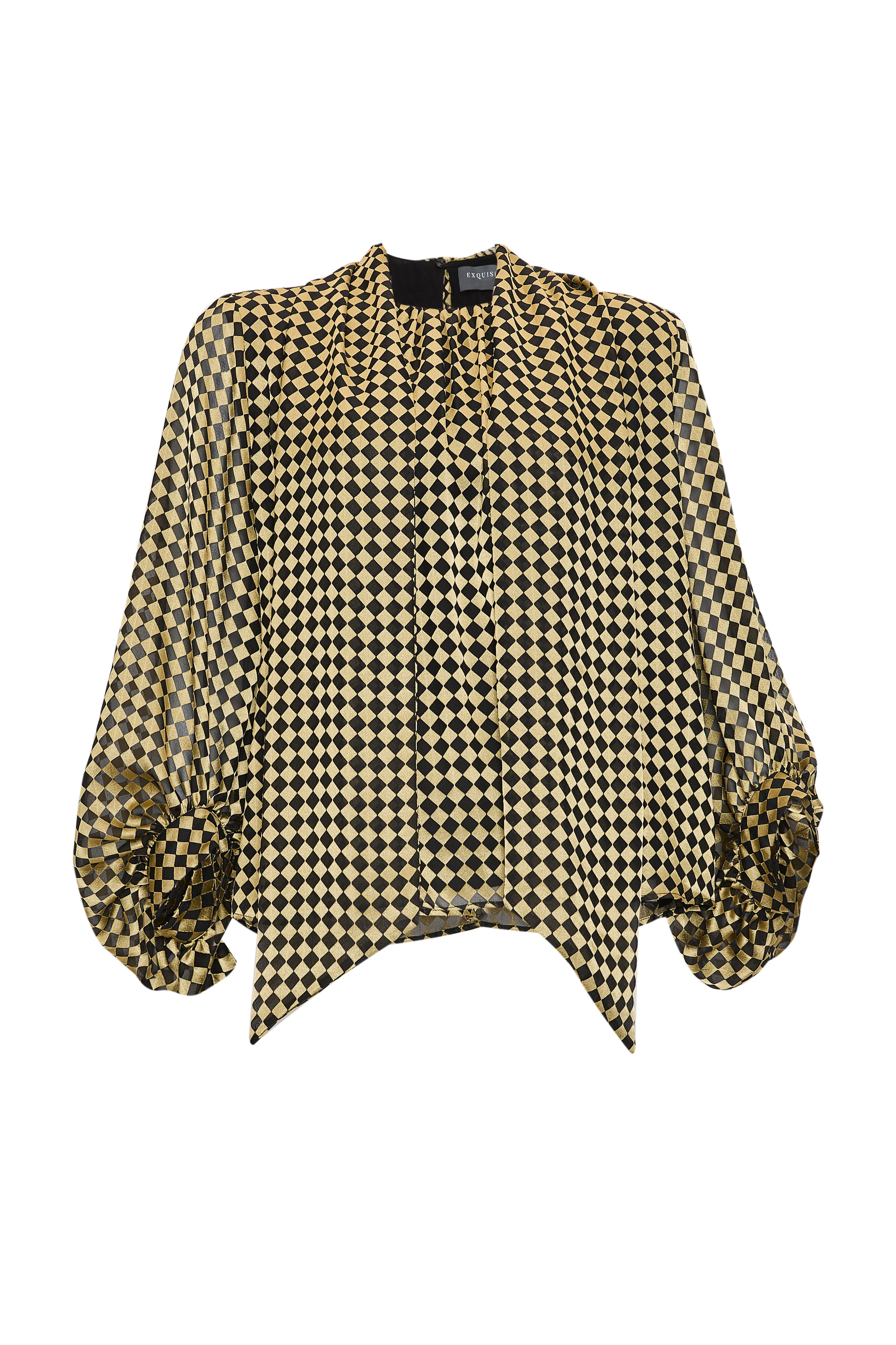 Desenli Balon Kol Bağlamalı Gold Siyah Bluz