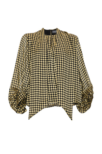 Desenli Balon Kol Bağlamalı Gold Siyah Bluz