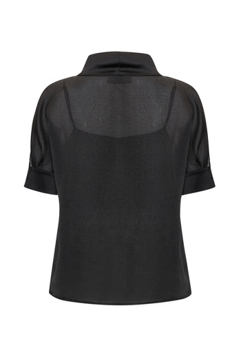 Kısa Kollu Astarlı Boğazlı Dökümlü Yaka Regular Organze Siyah Bluz