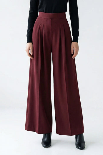 Pileli Yüksel Bel Geniş Paçalı Regular Cepli Kiremit Pantolon