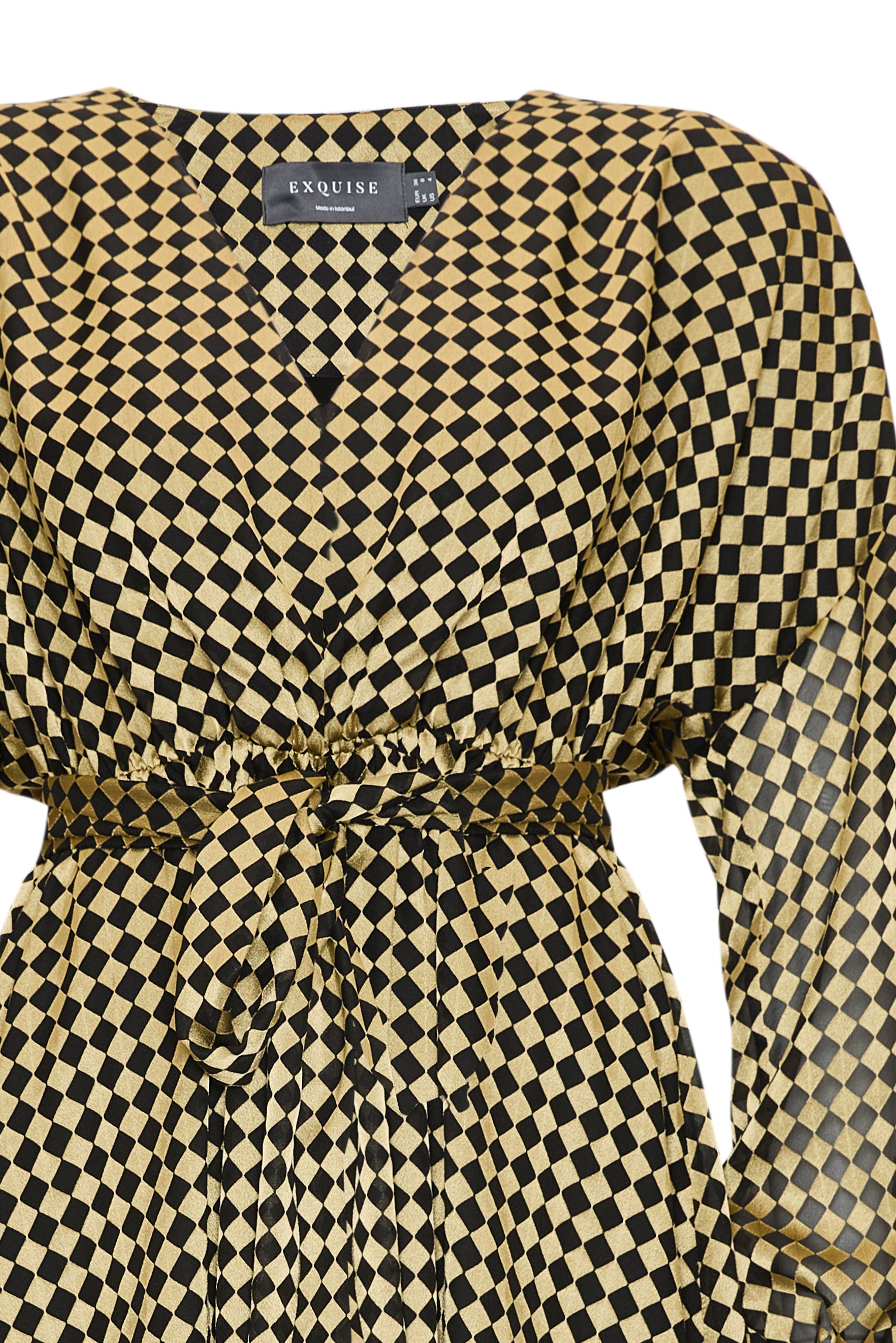 Beli Kuşaklı Uzun Kollu Regular Mini Gold Siyah Elbise