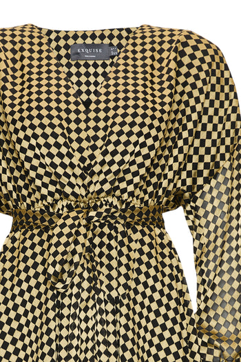 Beli Kuşaklı Uzun Kollu Regular Mini Gold Siyah Elbise