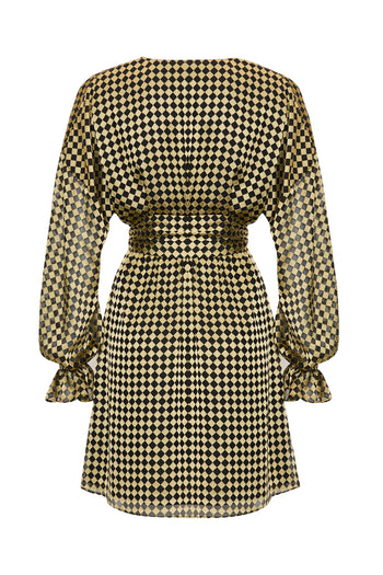 Beli Kuşaklı Uzun Kollu Regular Mini Gold Siyah Elbise