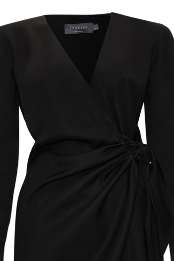 Kruvaze Yaka Beli Düğümlü Uzun Kollu Regular Mini Siyah Elbise