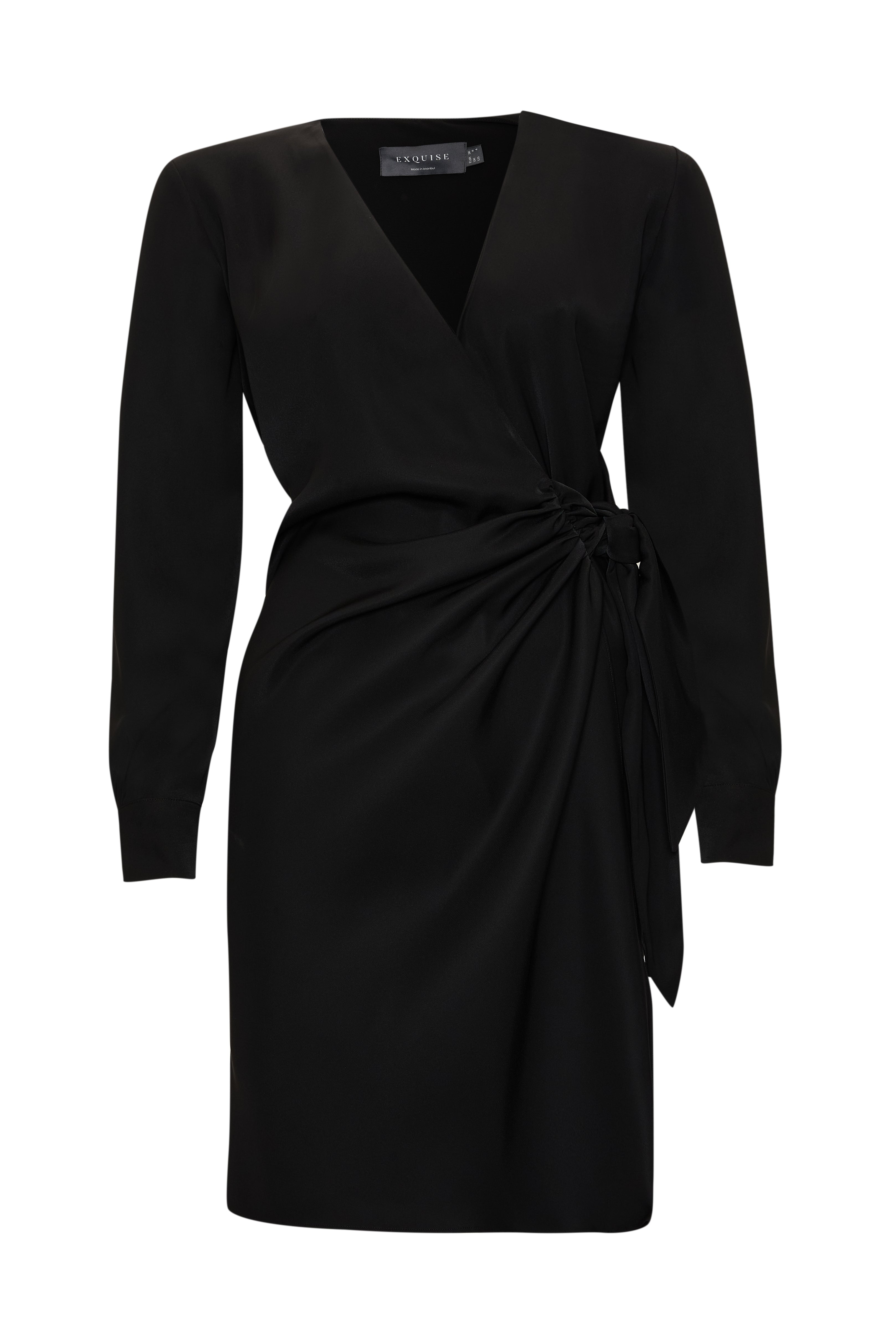 Kruvaze Yaka Beli Düğümlü Uzun Kollu Regular Mini Siyah Elbise