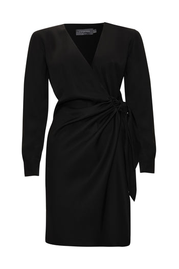 Kruvaze Yaka Beli Düğümlü Uzun Kollu Regular Mini Siyah Elbise