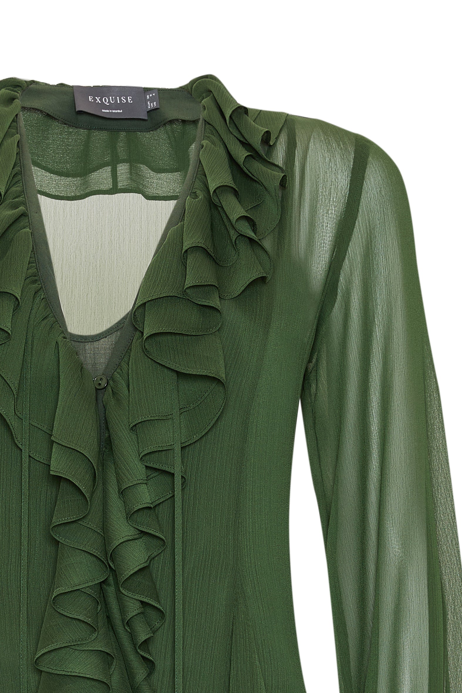 Fırfırlı V Yaka Uzun Kollu Regular Astarlı Mini Şifon Yeşil Elbise