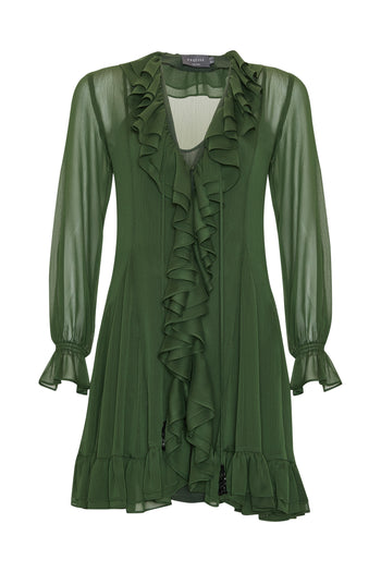 Fırfırlı V Yaka Uzun Kollu Regular Astarlı Mini Şifon Yeşil Elbise