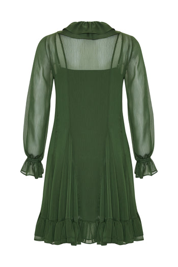 Fırfırlı V Yaka Uzun Kollu Regular Astarlı Mini Şifon Yeşil Elbise