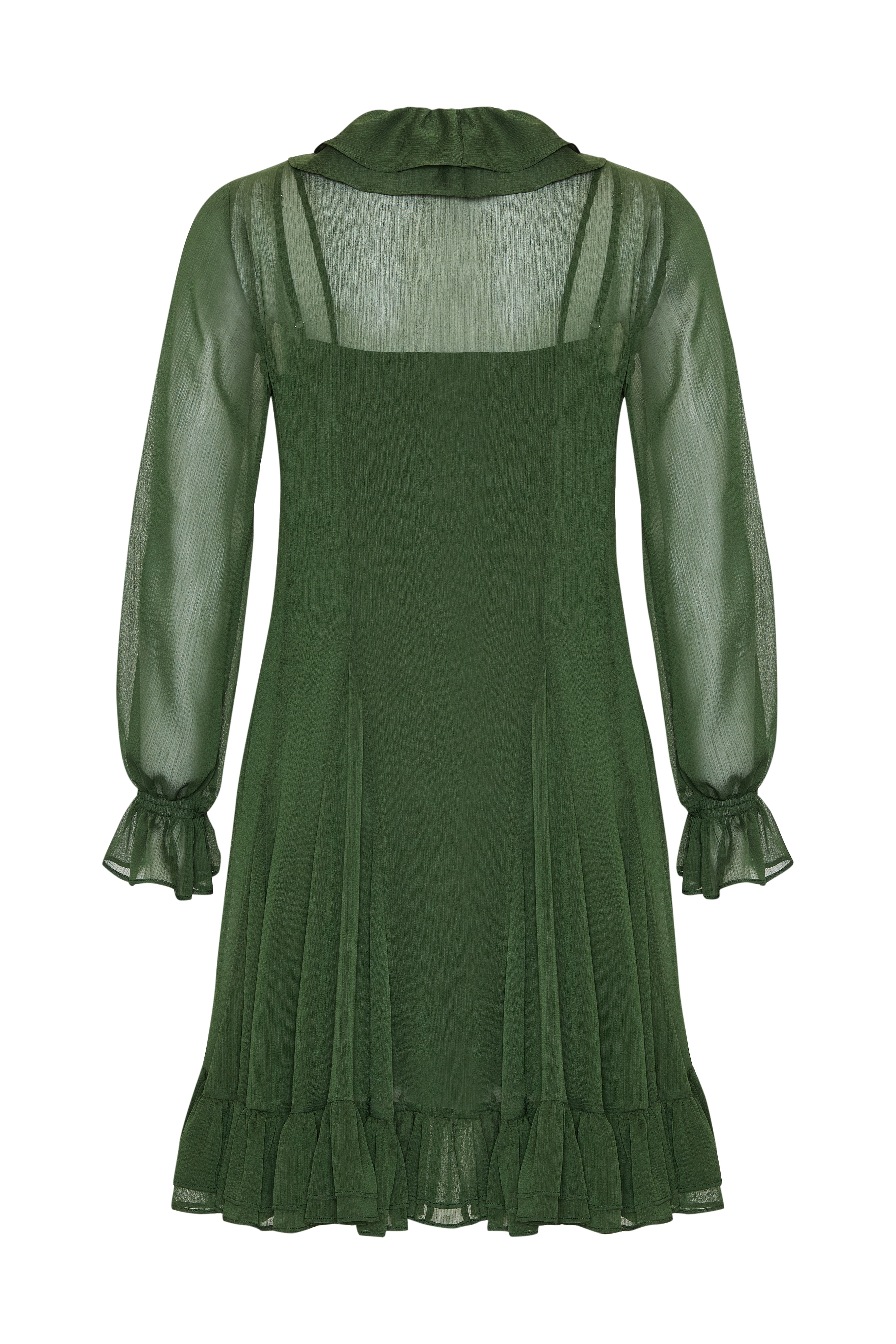 Fırfırlı V Yaka Uzun Kollu Regular Astarlı Mini Şifon Yeşil Elbise