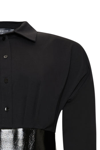 Gömlek Yaka Eteği Deri Slim Fit Mini Siyah Elbise