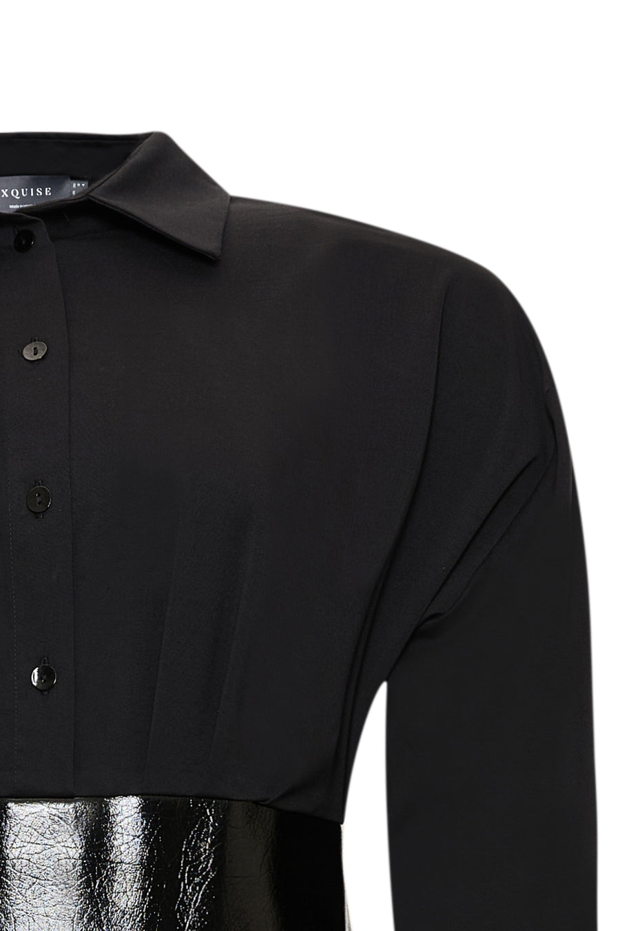 Gömlek Yaka Eteği Deri Slim Fit Mini Siyah Elbise