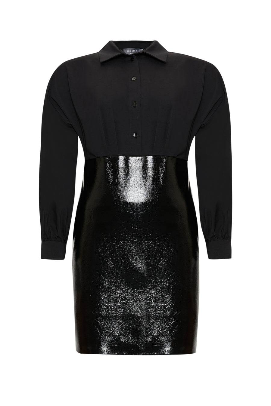 Gömlek Yaka Eteği Deri Slim Fit Mini Siyah Elbise