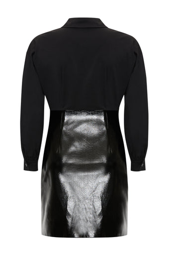 Gömlek Yaka Eteği Deri Slim Fit Mini Siyah Elbise