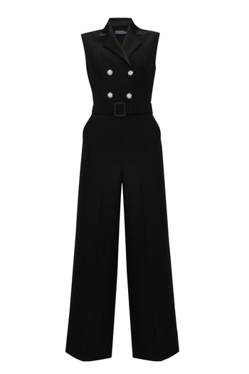 Kolsuz Kemerli Slim Fit Geniş Paça Siyah Tulum