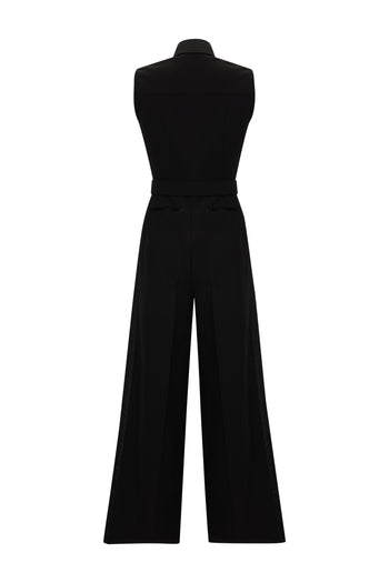 Kolsuz Kemerli Slim Fit Geniş Paça Siyah Tulum