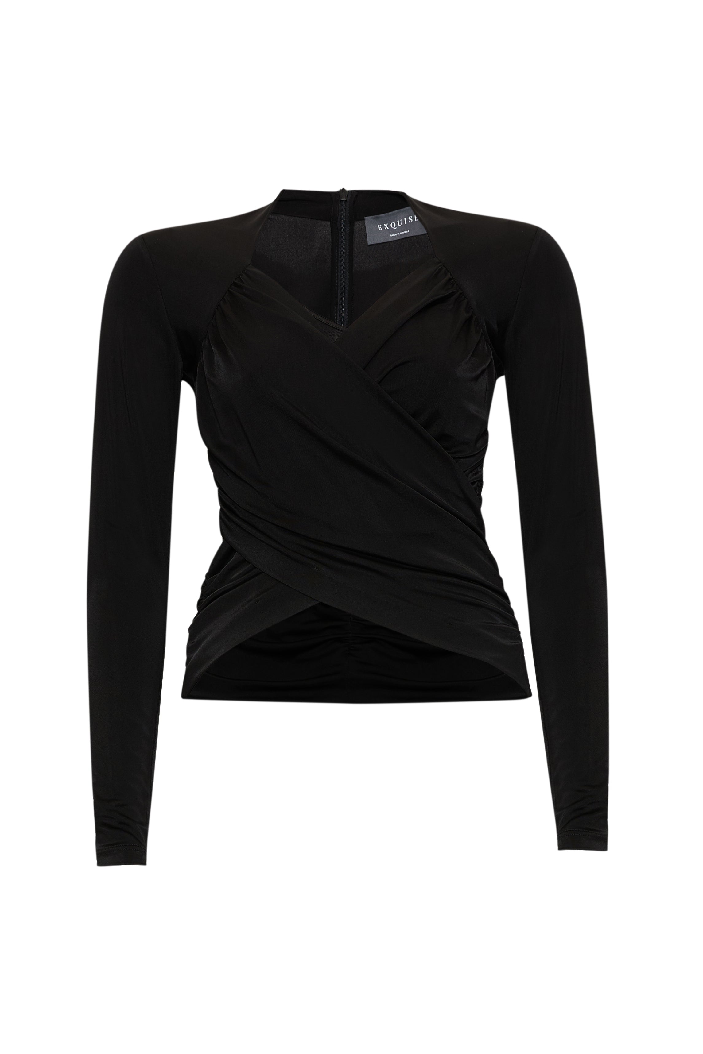 Kruvaze Yaka Drapeli Uzun Kollu Slim Fit Örme Siyah Bluz