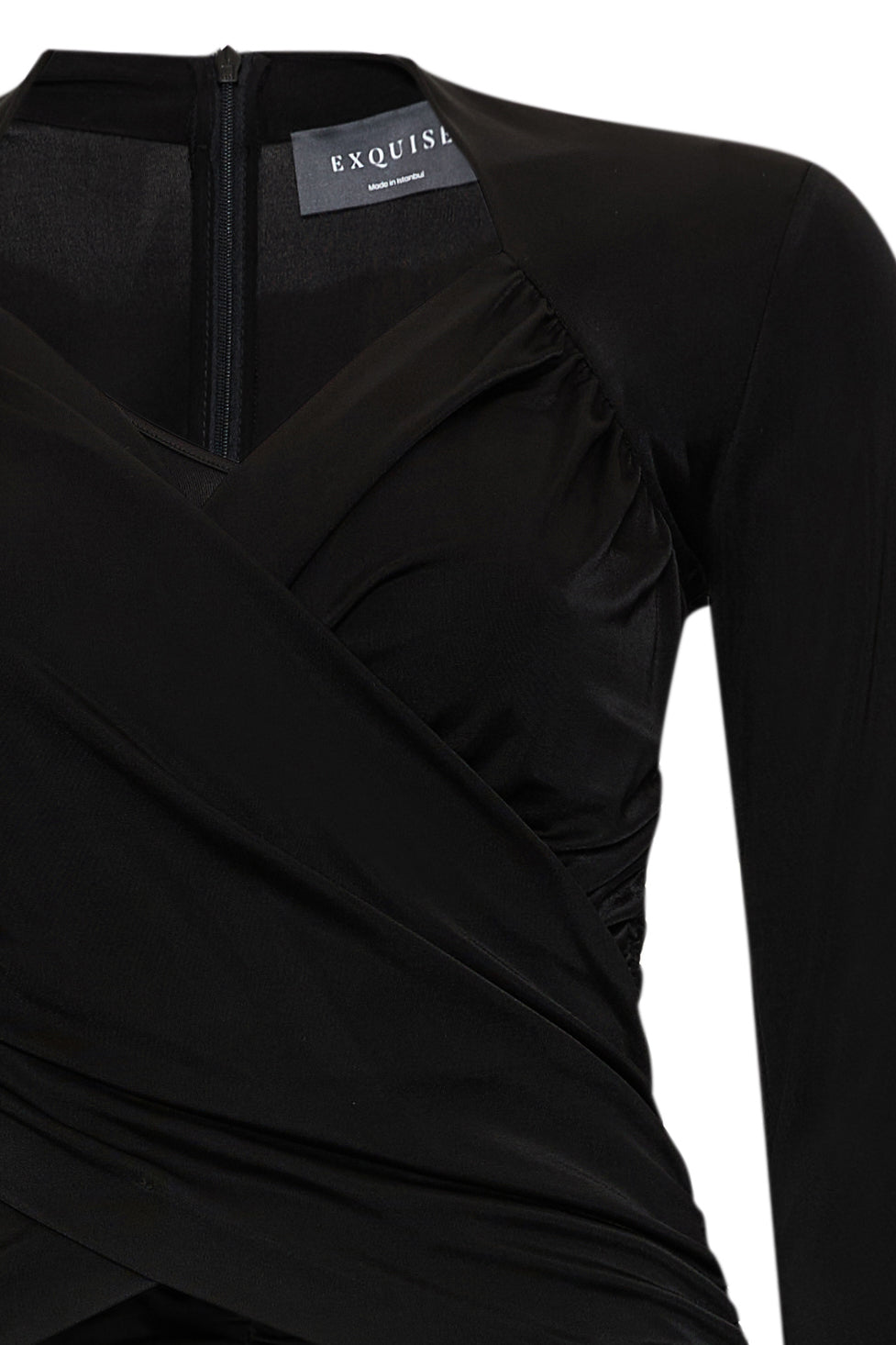 Kruvaze Yaka Drapeli Uzun Kollu Slim Fit Örme Siyah Bluz