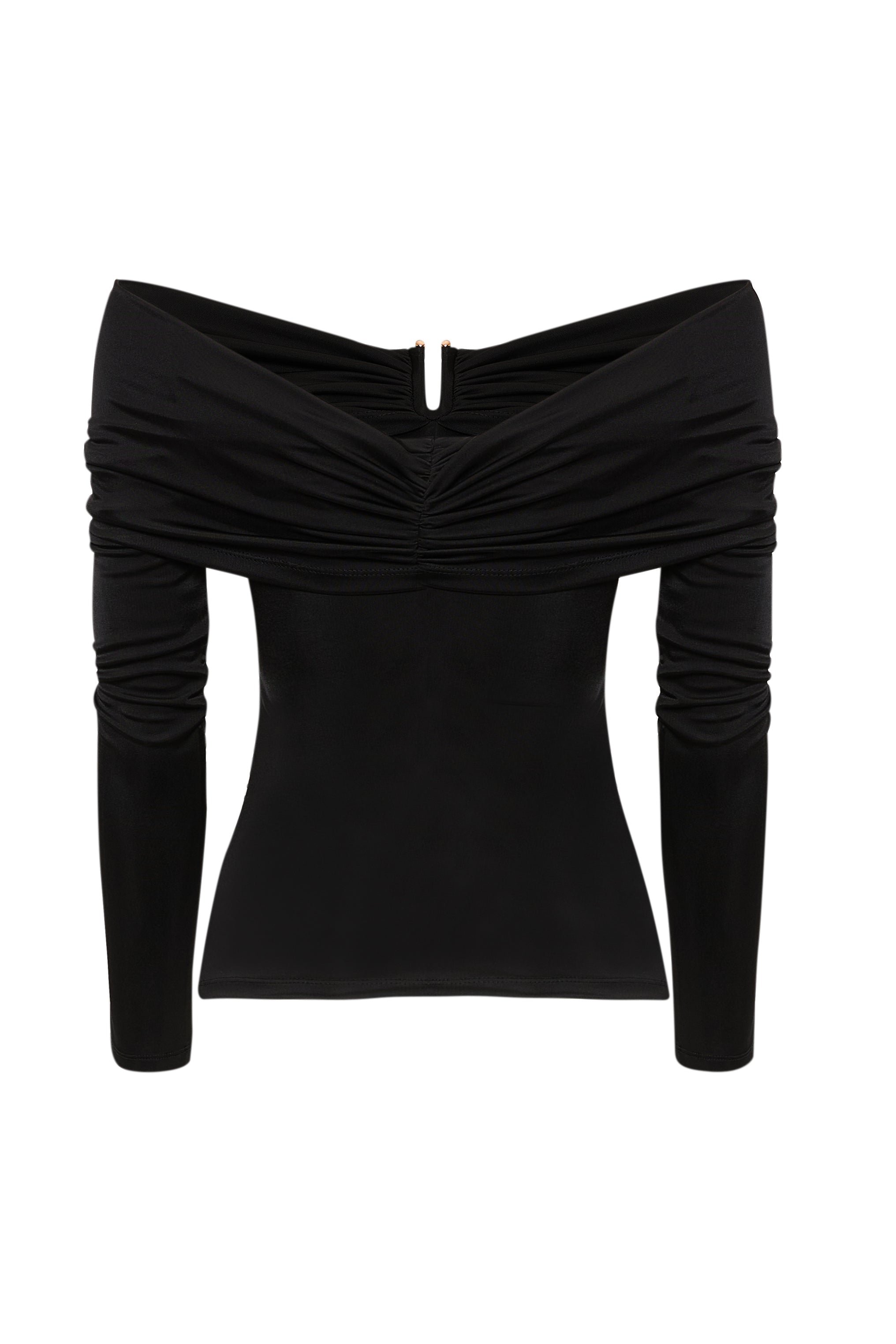 Omzu Açık Drape Detaylı Uzun Kollu Slim Fit Örme Siyah Bluz