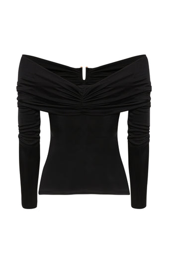 Omzu Açık Drape Detaylı Uzun Kollu Slim Fit Örme Siyah Bluz