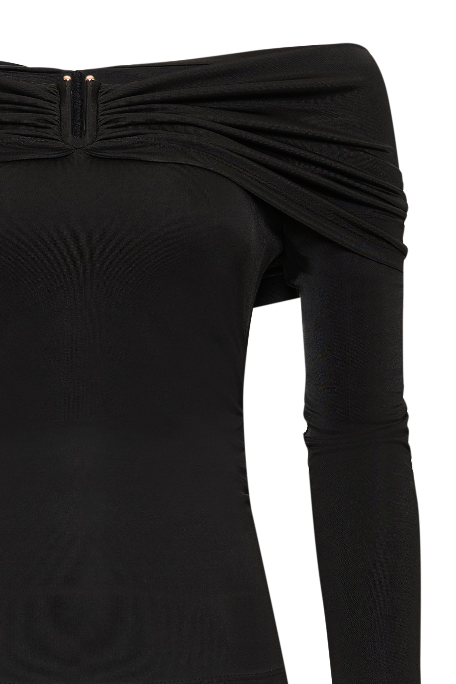 Omzu Açık Drape Detaylı Uzun Kollu Slim Fit Örme Siyah Bluz