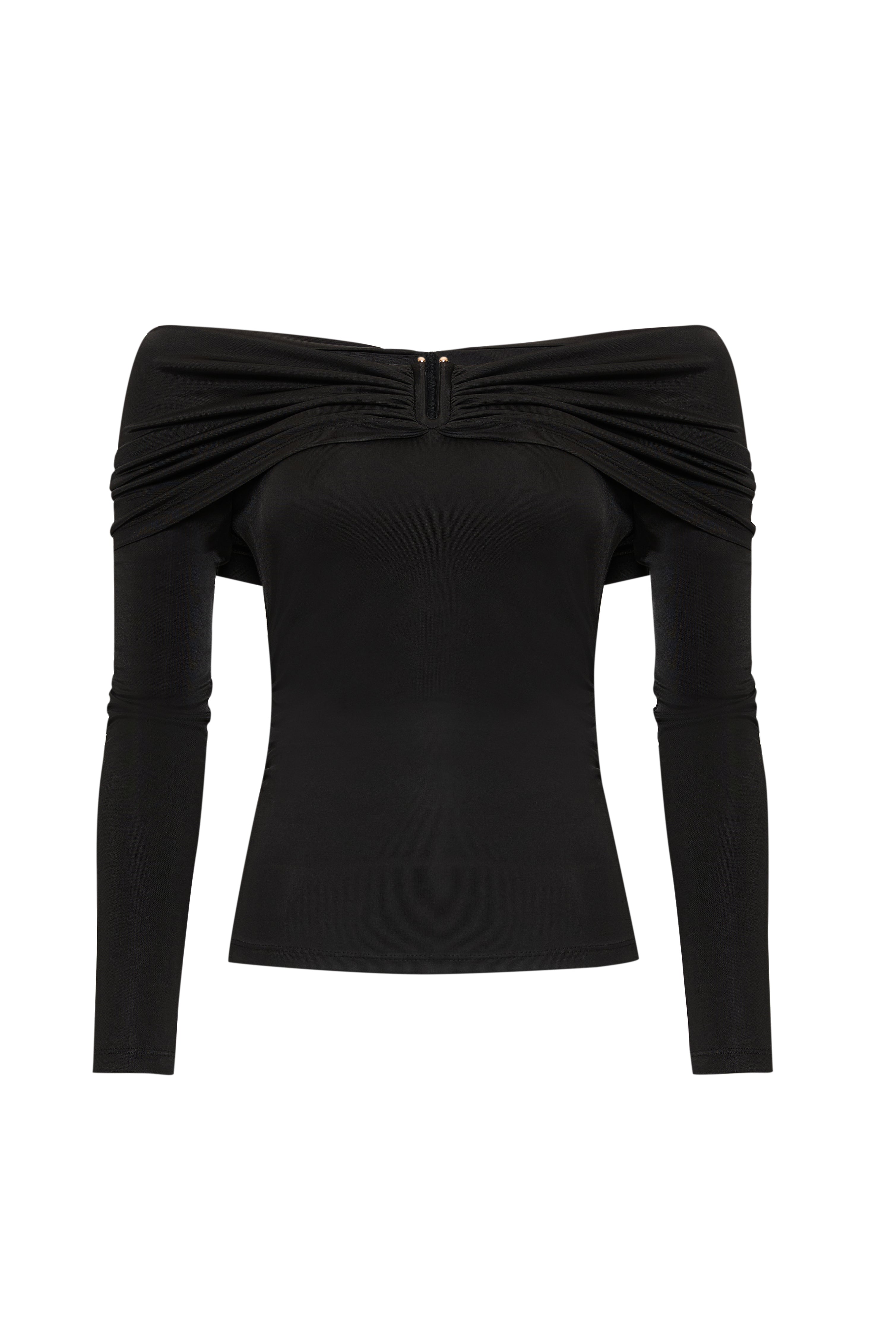 Omzu Açık Drape Detaylı Uzun Kollu Slim Fit Örme Siyah Bluz