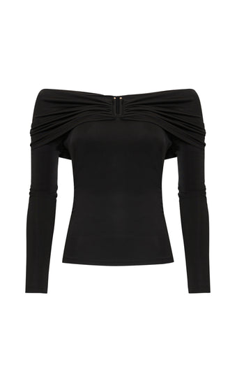 Omzu Açık Drape Detaylı Uzun Kollu Slim Fit Örme Siyah Bluz