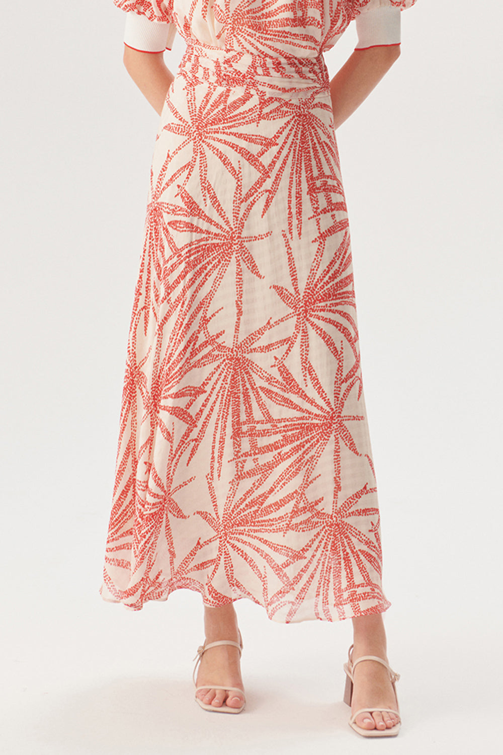 Beli Büzgülü Yaprak Desenli Regular Rayon Şifon Midi Boy Etek