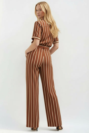 Çizgili ve Kemerli Bol Paça Pantolon