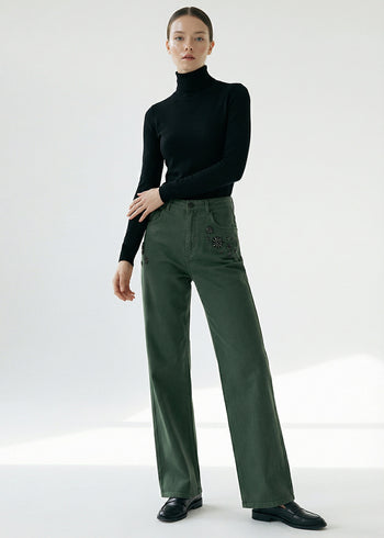 Yüksek Bel Cepli Dokuma Yeşil Pantolon