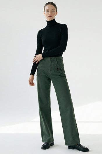 Yüksek Bel Cepli Dokuma Yeşil Pantolon