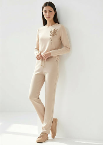 Bağcıklı Regular Örme Krem Pantolon